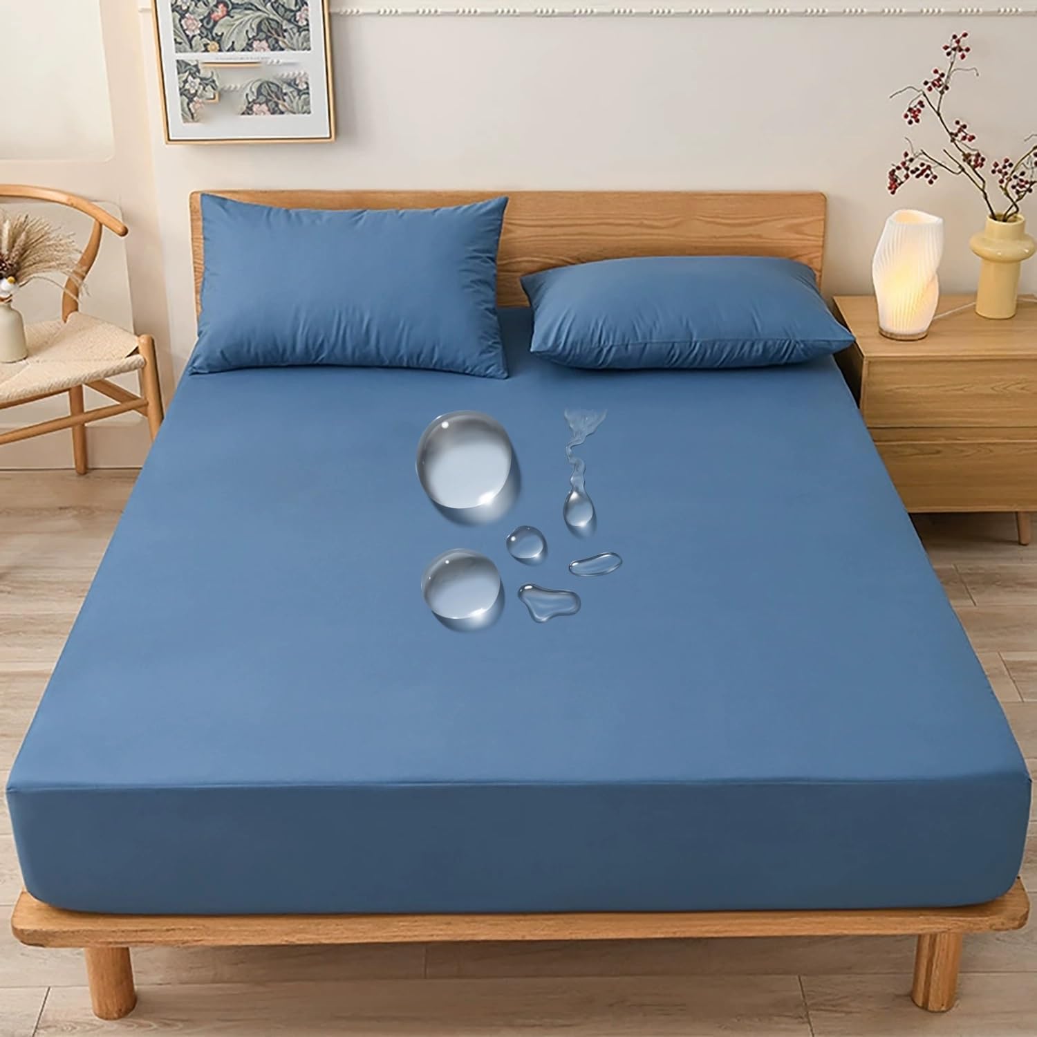 Stretch Waterproof Mattress Cover Double Single, King Size For Bed, 5-28cm Deep Pocket Fitted Sheet Style Mattress Protector With Elastic Rubber Band(Dark Blue,135x200cm)