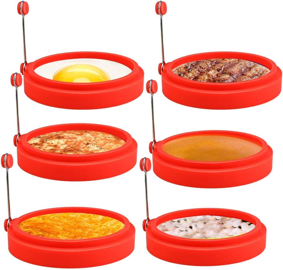 CestMall 6 Pcs Egg Ring, 4 Inch Non Stick Silicone Egg Rings Mcmuffin Ring Round Cooking Pancake Mold Round Cooking Mould for Frying Eggs - Red