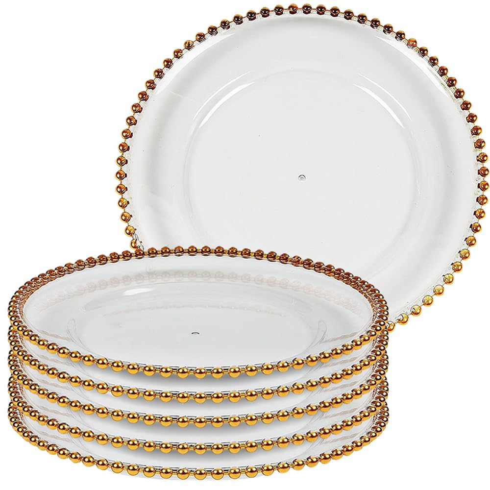 Assiette de présentation transparente perles dorées en lot de 6 pour table chic