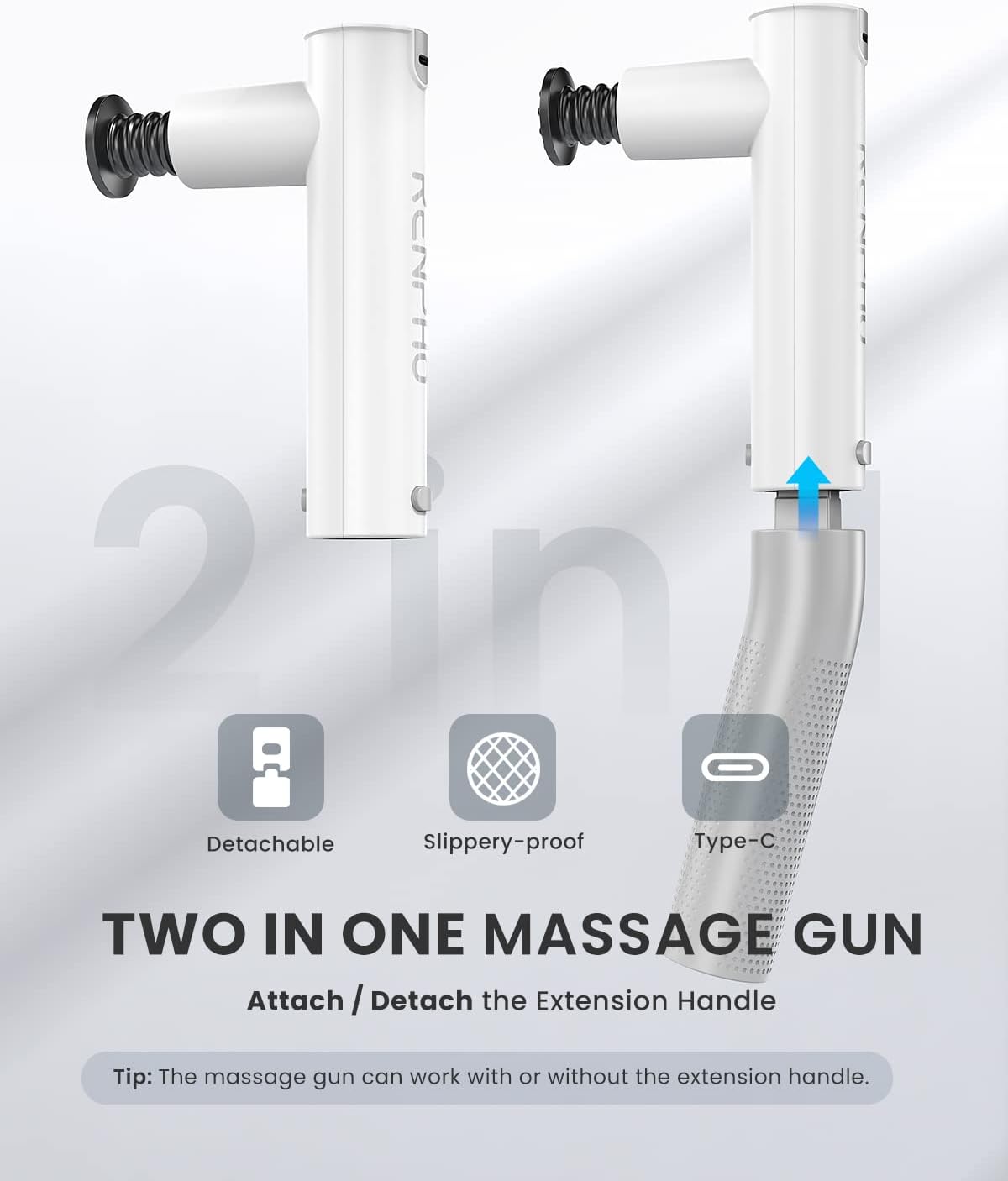 RENPHO Extend Massage Gun, 2 in 1 Electric Hand held Back Massager Gun Deep Tissue, Percussion Muscle Massage Gun for Athletes with Type-C Charging, Portable Massagers for Neck and Back