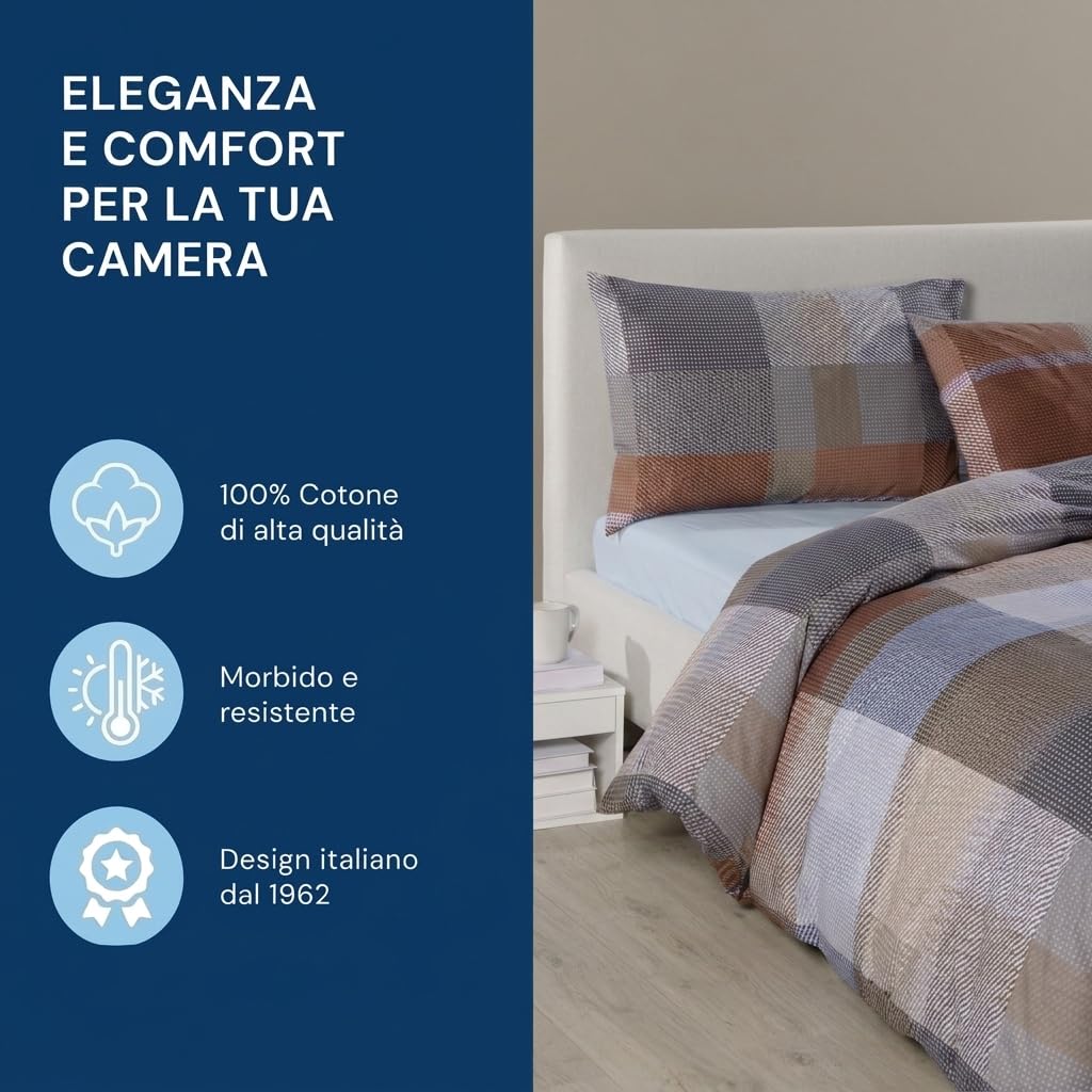 Caleffi - Copripiumino Matrimoniale Cotone con Federe 255x200 Oeko Tex | set parure completa, sacco piumino con bottoni, tinta unita, morbido, traspirante, no stiro, ipoallergenico, per piumone