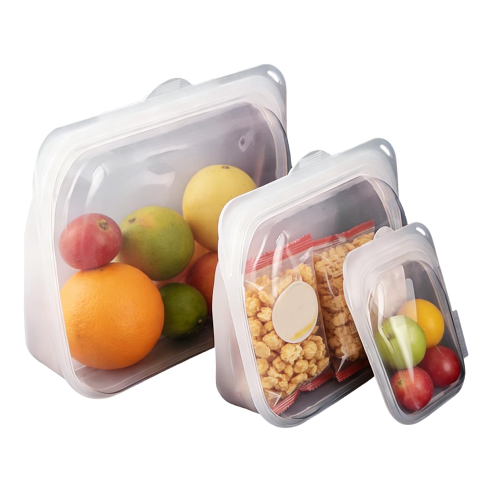 Bolsa de Alimentos Reutilizable 3 Envases de Silicona para Alimentos | Bolsas Portátiles para Alimentos para Preparación de Comidas, Almuerzo, Viaje, , Carne, Queso, Verduras, Fruta