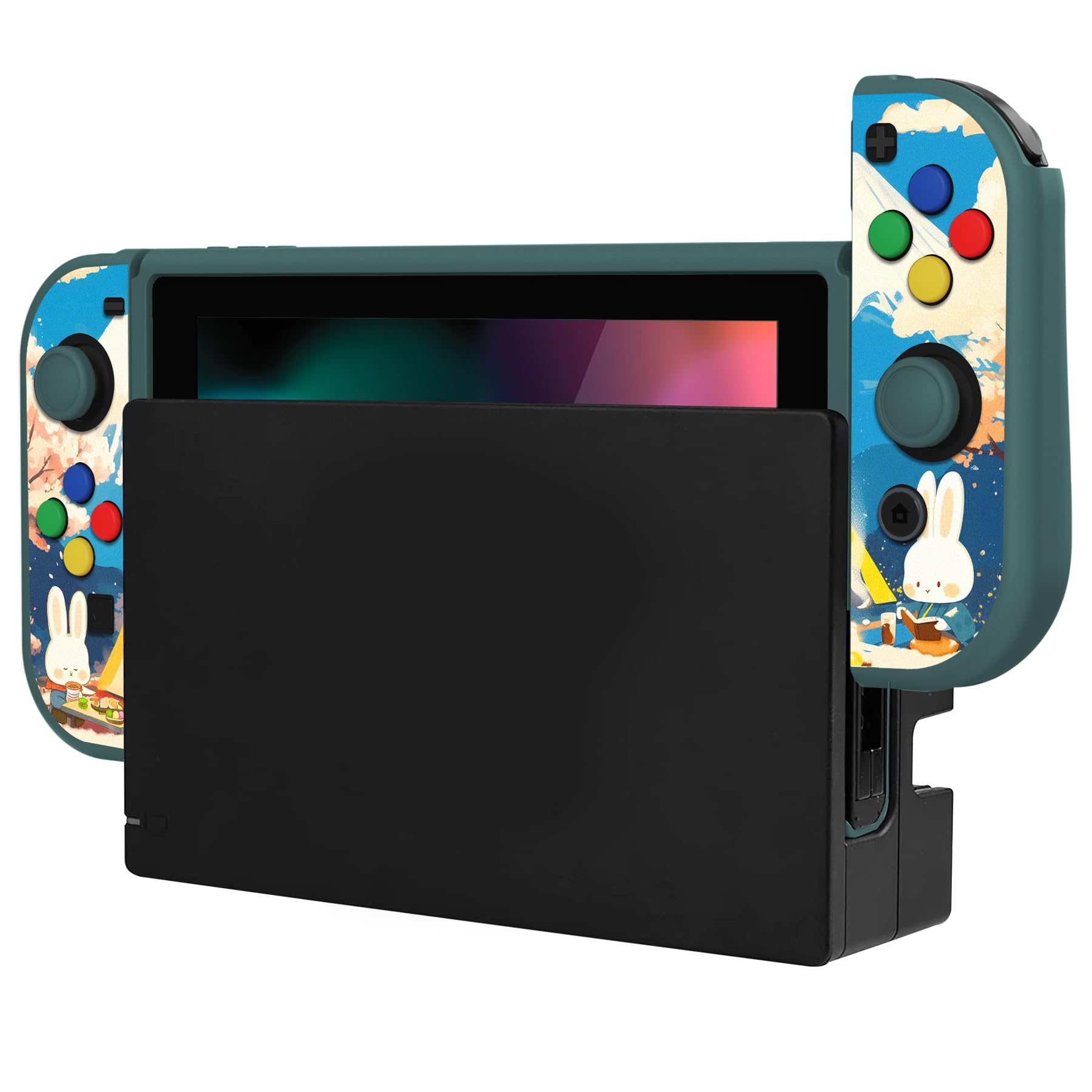 PlayVital Cover Custodia per Nintendo Switch,Copertura TPU Pellicola Vetro Temperato Protezione Copri Analogici Accessori per Switch Joycon Console-ZealProtect-Conigli da Campeggio