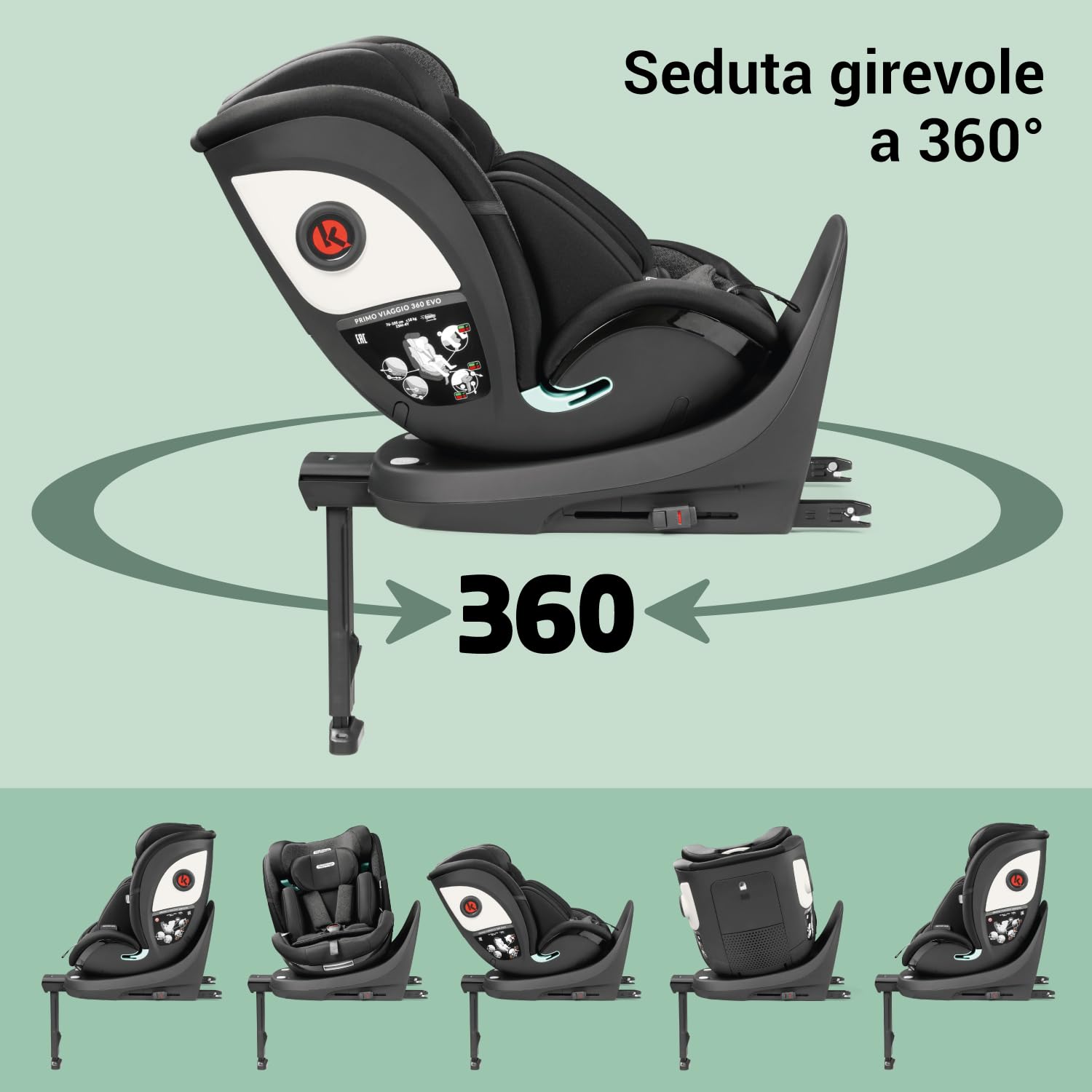 Peg Perego Primo Viaggio 360 EVO Seggiolino Auto Evolutivo All-In-One con ISOFIX, Girevole, Reclinabile, per Bambini dalla nascita a 150 cm (0-12 anni), 0-36 kg, Planet