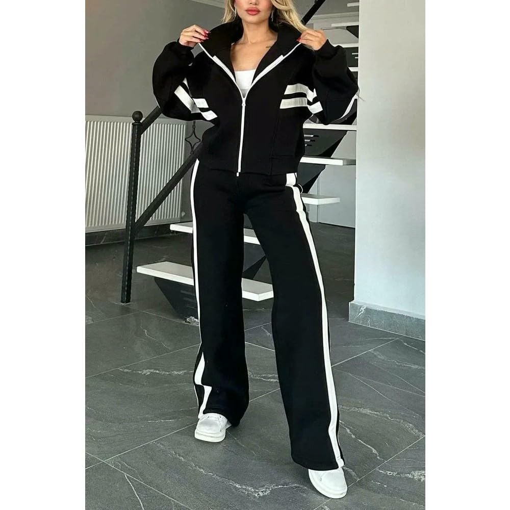 SLJYM Women Two Piece Set Pants Sets Striped Jacket Matching Sets Tops Tracksuit Autumn Spring Long Pant Casual Outfit Suits