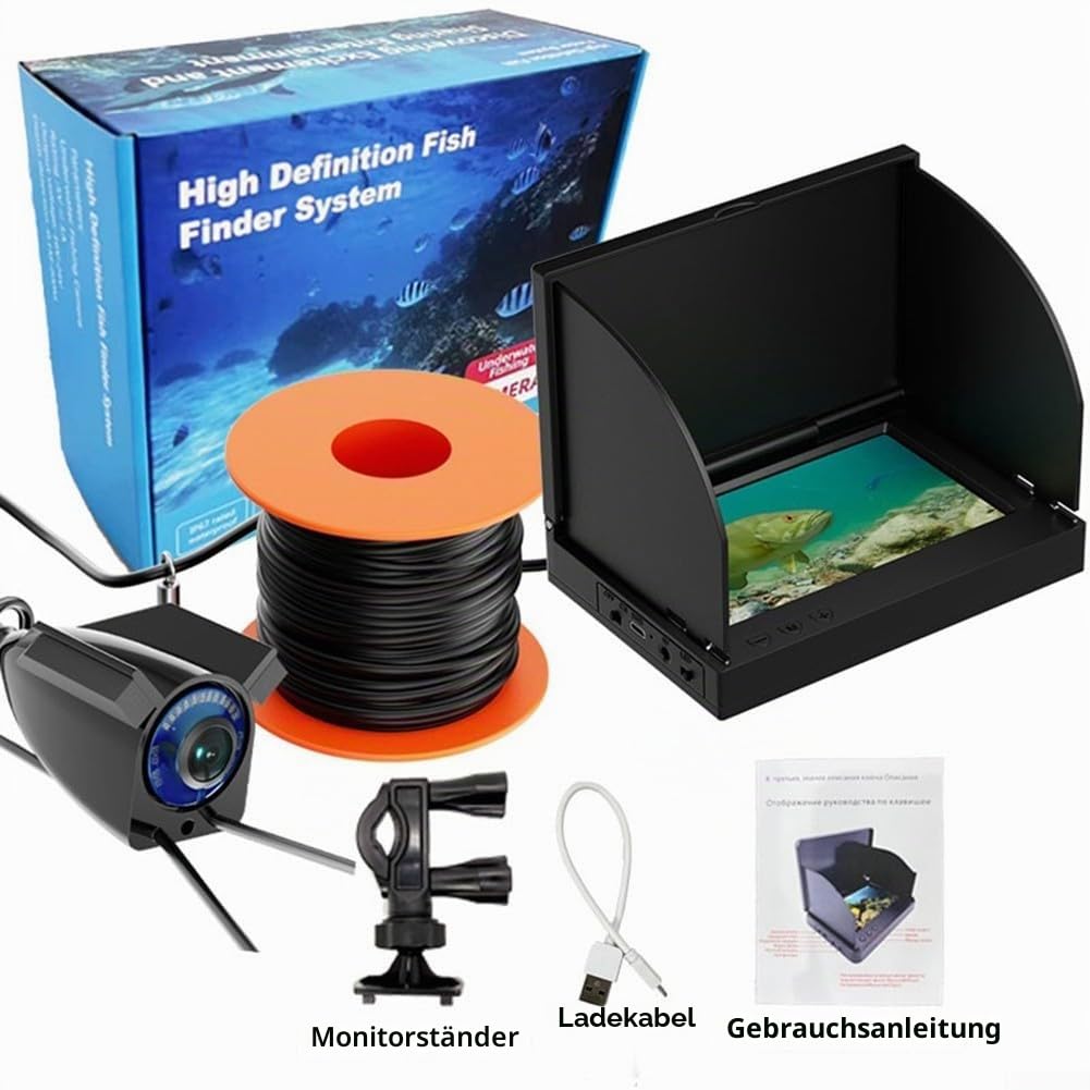 Fischfinder mit Unterwasser-Angelkamera, 220° Weitwinkel, 100 m Tiefe, für Eis-, Fluss- und Bootsangeln, IP67 wasserdicht (5,0 IPS + Kamera 30 m)