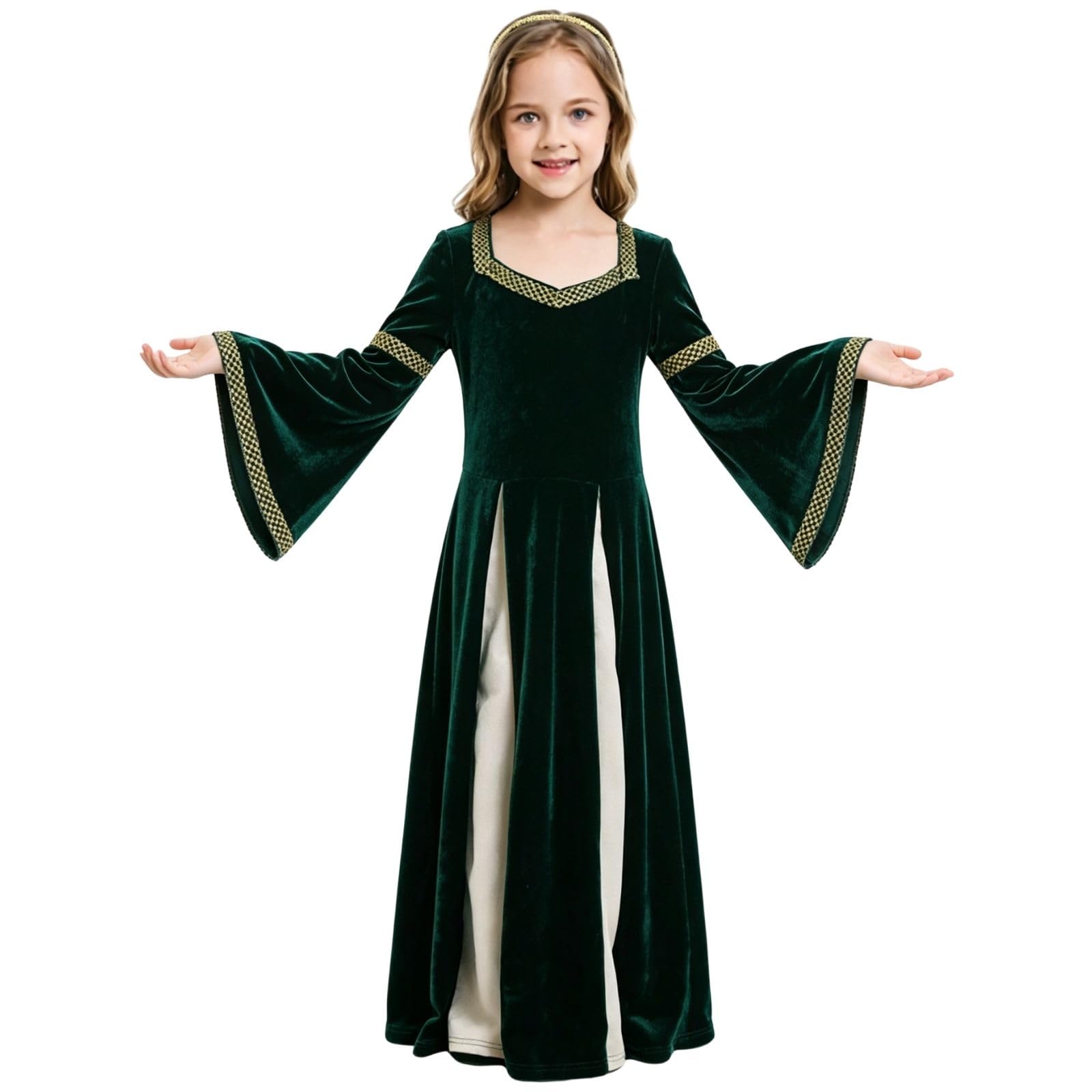 HAPNBCELE Medieval Dress for Girls, Vintage Royal Princess Costume Renaissance Fair World Book Day Halloween Birthday Party (Green, M) — image 1