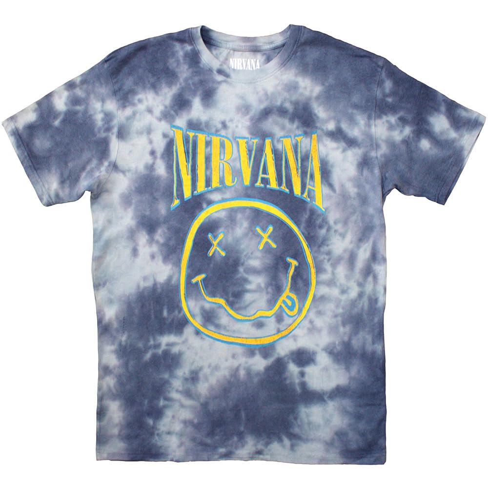 Nirvana T Shirt Blue Stroke Smile Band Logo Official Unisex Dye Wash Blue L