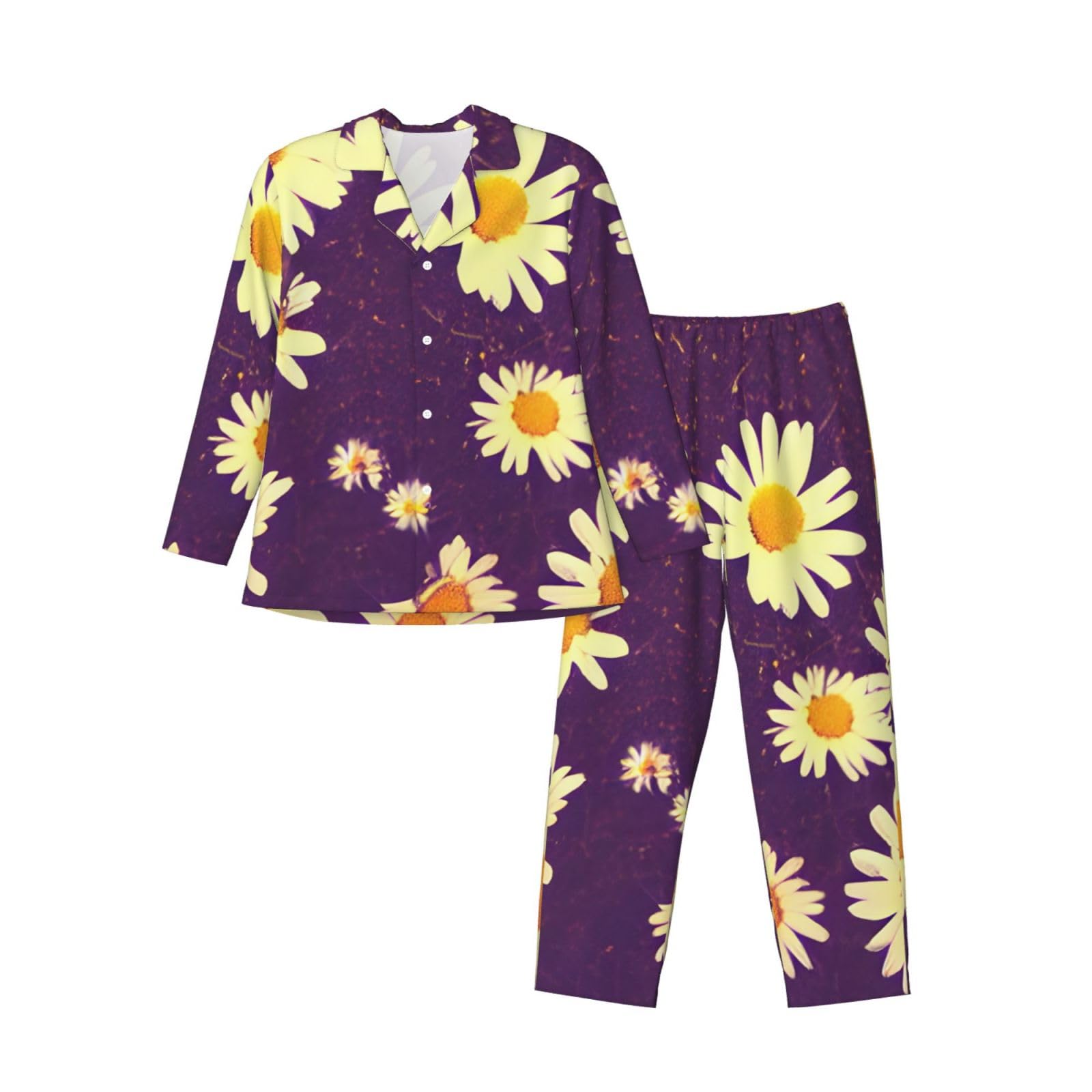 Herren-Pyjama-Set, langärmelig, Gänseblümchen, Violett, Blumendruck, zweiteilig, Hauskleidung, bequeme Nachtwäsche