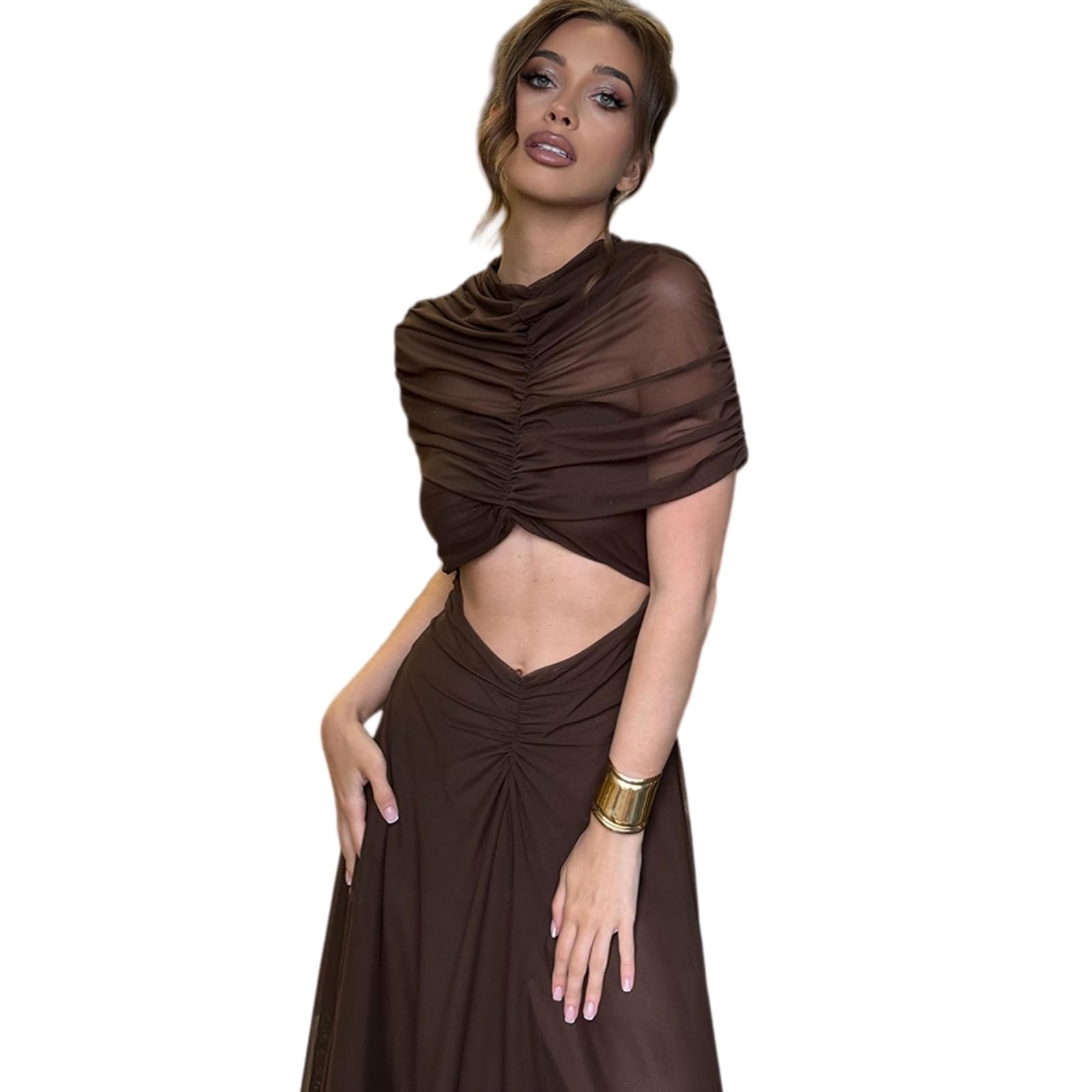 Vestito Sexy Donne Cave out Maxi Abito O Collo Manica Corta Ruched Alta Vita Bodycon Party Club Lungo Vestidos-Black-s