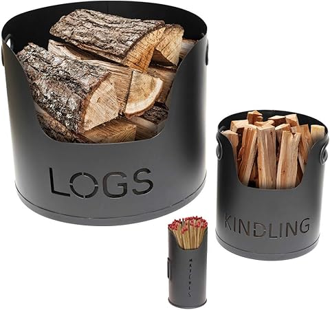 Valiant - Juego de almacenamiento de metal para chimenea de 3 piezas, color negro