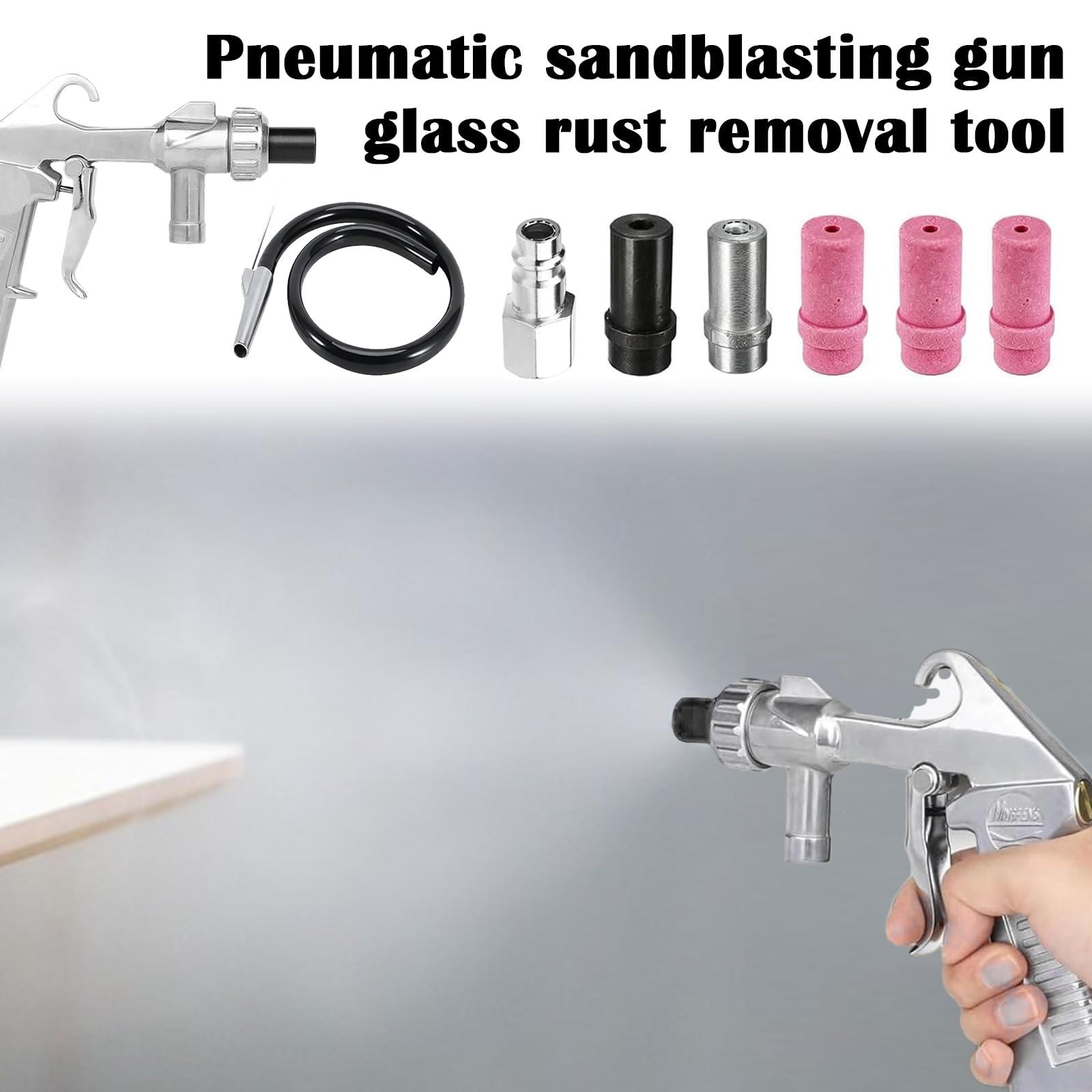 Pistola Sabbiatrice Pneumatica per Compressore con Ugelli e Tubo 1M Gomma Kit