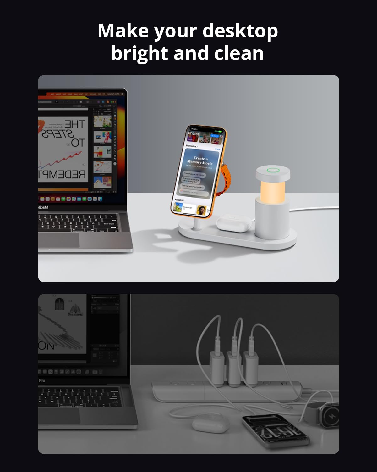 GEEKERA 25W Fast 4-in-1 Ladestation: Mag-Safe kabelloses Ladegerät, induktive Schnellladegerät mit Nachtlicht für iPhone 17 16 15 14 13 12, Apple Watch 11-2, AirPods, inkl. Ladekabel & 45W Netzteil
