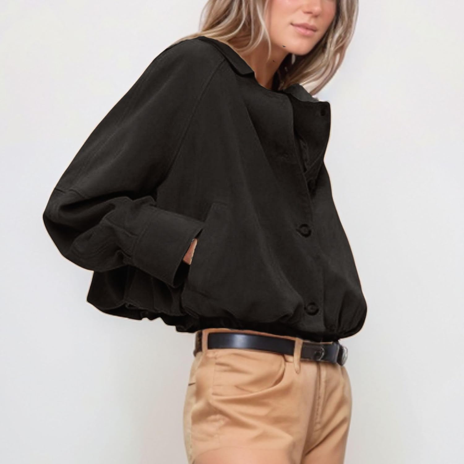 Xunger Women's Faux Suede Button Jacket Oversized Gathered Hem Short Length Coat Casual Vintage Outerwear with Pockets - Image 3