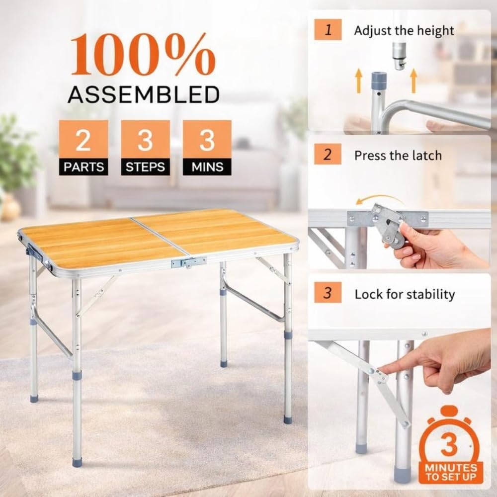 Folding Table, Portable Camping Picnic Table, Lightweight Aluminum Outdoor Utility Table with Wood Look Top for Indoor Laptop Desk, Living Room, Patio & Tailgating