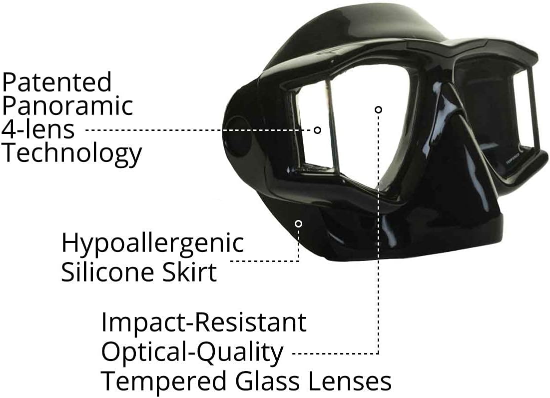 EVO Hammerhead+ Dive Mask 4 Lens Panoramic Diving Mask with Purge Valve, Freediving, Snorkel, Scuba Mask for Men Women, Easily Adjustable for Great Fit