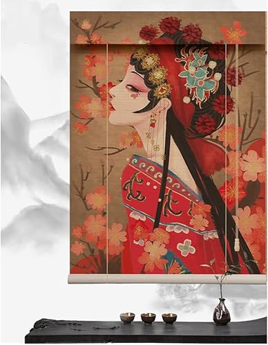 Persianas enrollables de bambú impresas con ópera de Pekín china, estilo oriental vintage, ópera, cortina de pintura colgante para estudio, sala de