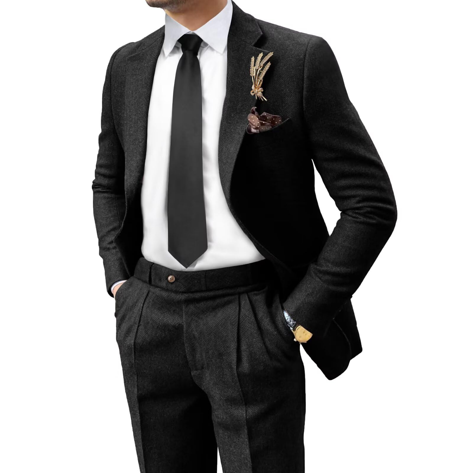 Retro Tweed Herringbone Suit for Men Slim Fit 2 Pieces Mens Suit Groom Dress Tuxedos Prom Suit Jacket Blazer Pants Black XS