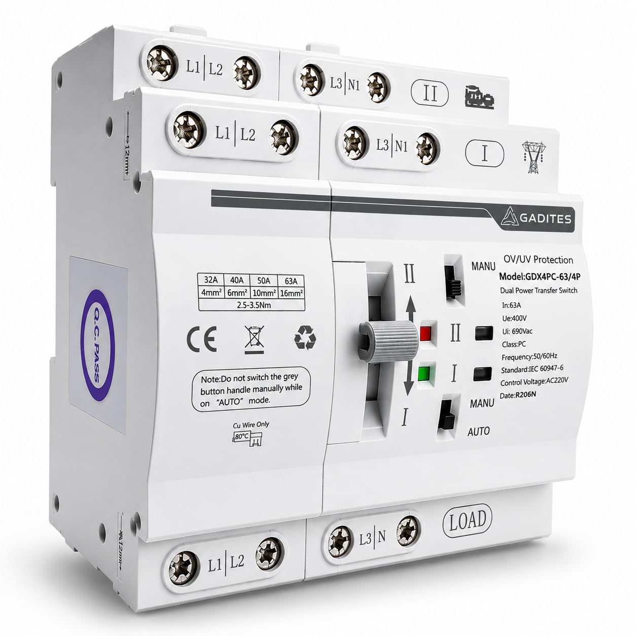 GDX4PC-63/4P 63A 4P 3-Phase Automatic Transfer Switch | 63A 2P ATS for automatic transfer between two power sources with AC 220V operation and Auto/Manual control.-picture-24