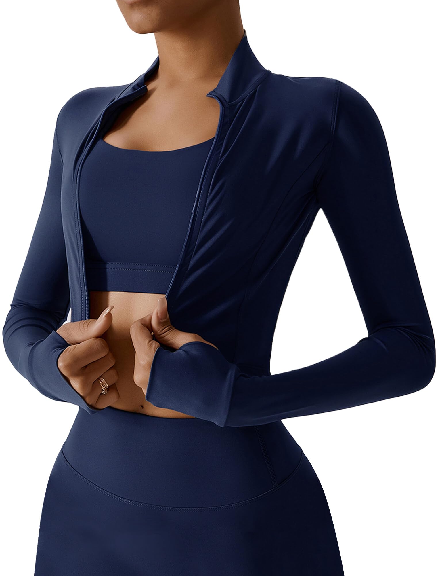 Womens Cropped Workout Jacket Front Zip Stretchy Fitted Long Sleeve Crop Top Activewear Thumbhole Sports Track Jacket