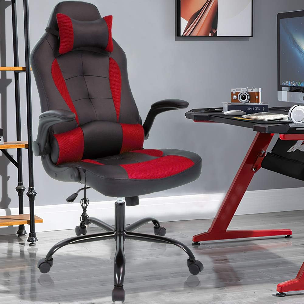 Massage Gaming Chair Ergonomic Office Chair High Back Desk Chair PU Leather Executive Chair with Lumbar Support Headrest Armrest PC Racing Computer Chair Task Rolling Swivel Chair, Red