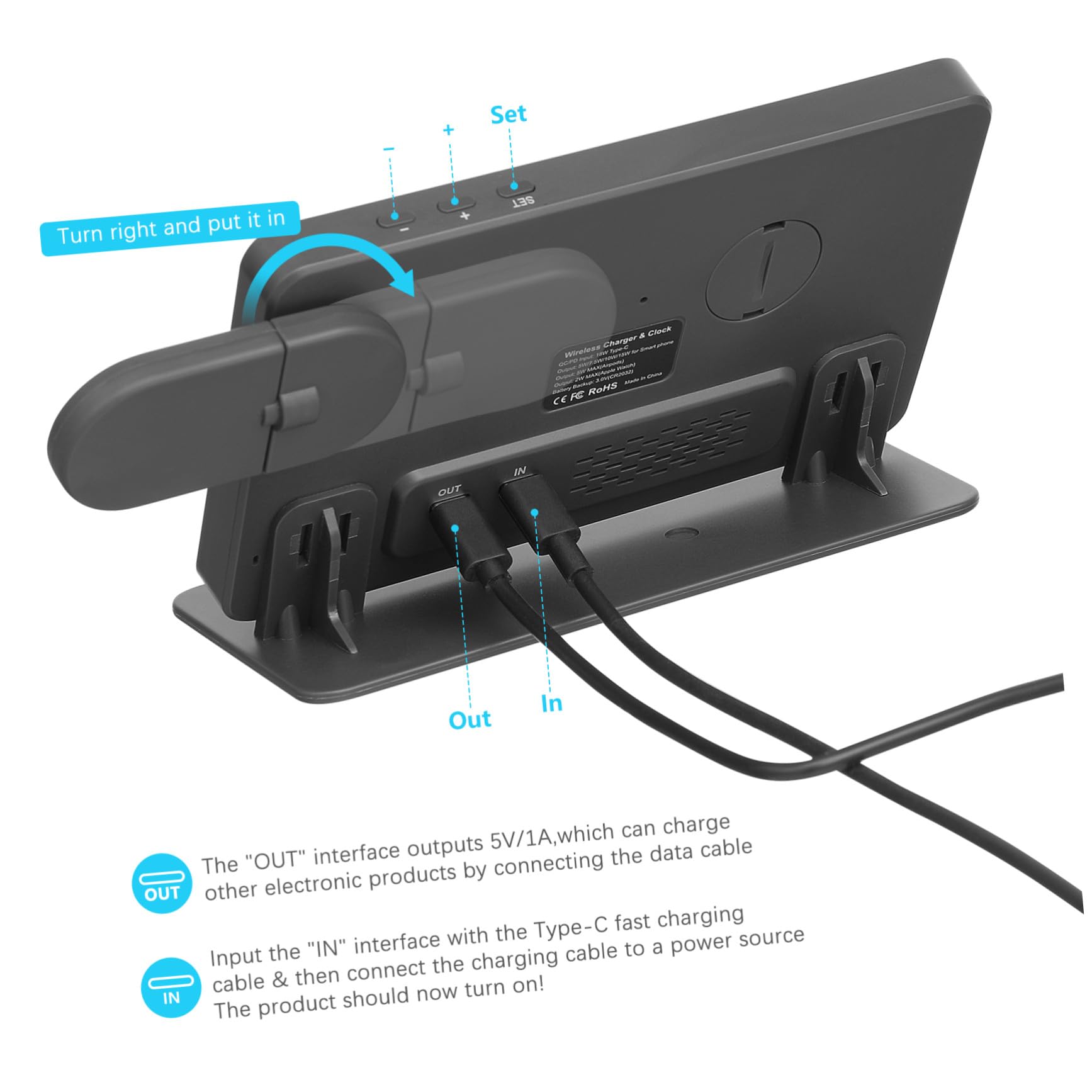 Station de Charge sans Fil avec Réveil Digital et Affichage Température Charge Rapide Sécurisée pour Téléphone Montre Connectée et Écouteurs Dock Multifonction pour Bureau et