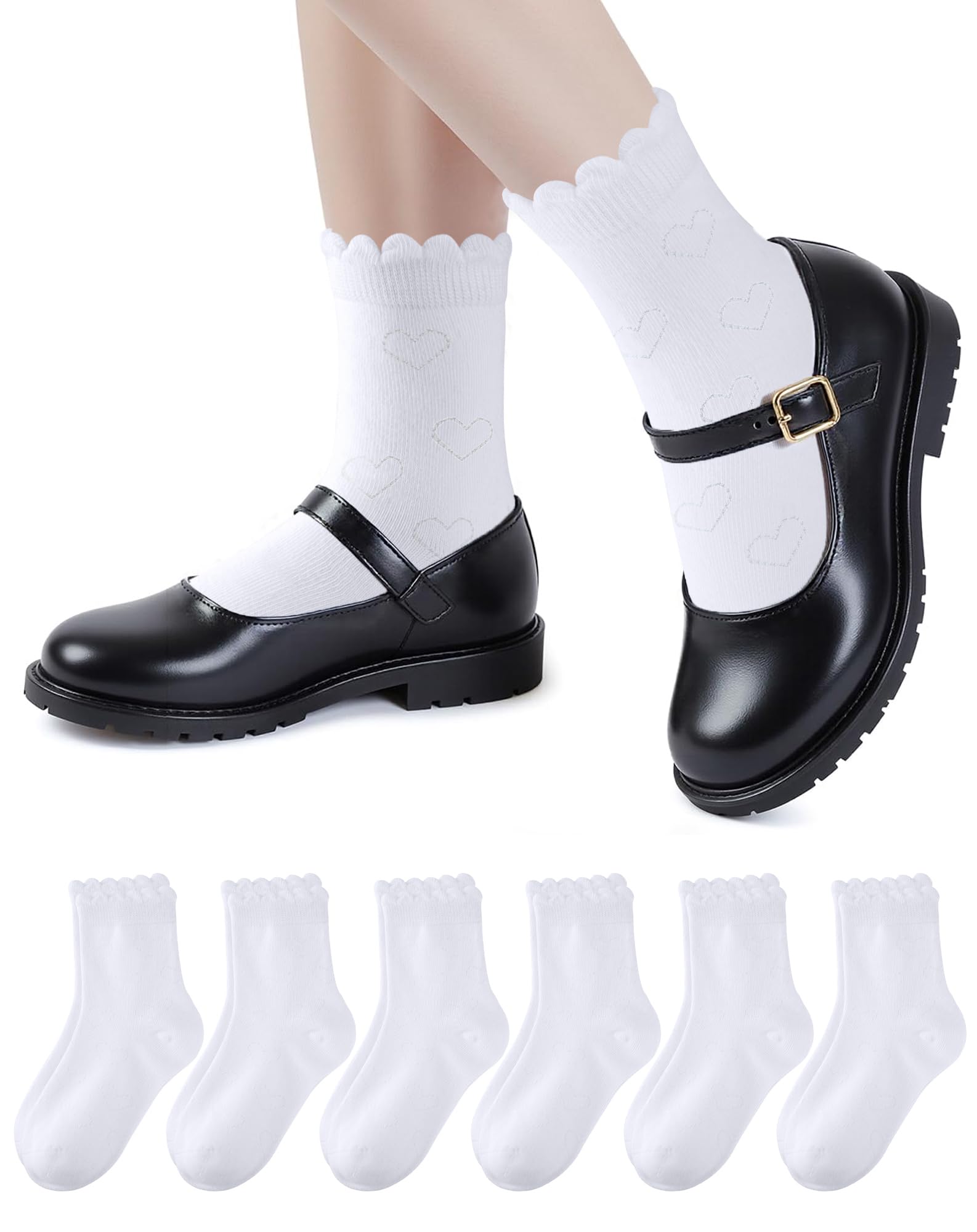HONGTEYA 6 Pairs Girls White Ruffle Socks School Uniform Dress Socks for Kids Seamless Crew Ankle Cotton Size 4-14 Years