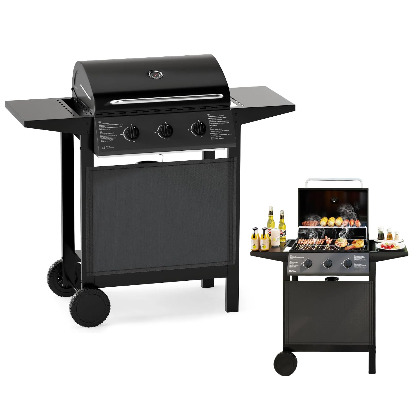 KOMFOTTEU Gasgrill mit 3 Brennern & Thermometer, 24.000 BTU, Außengrill mit 2 Seitenplatten, Grillrost, 2 Rollen, Gartengrill für Camping, Hof, 106 x 47 x 98 cm