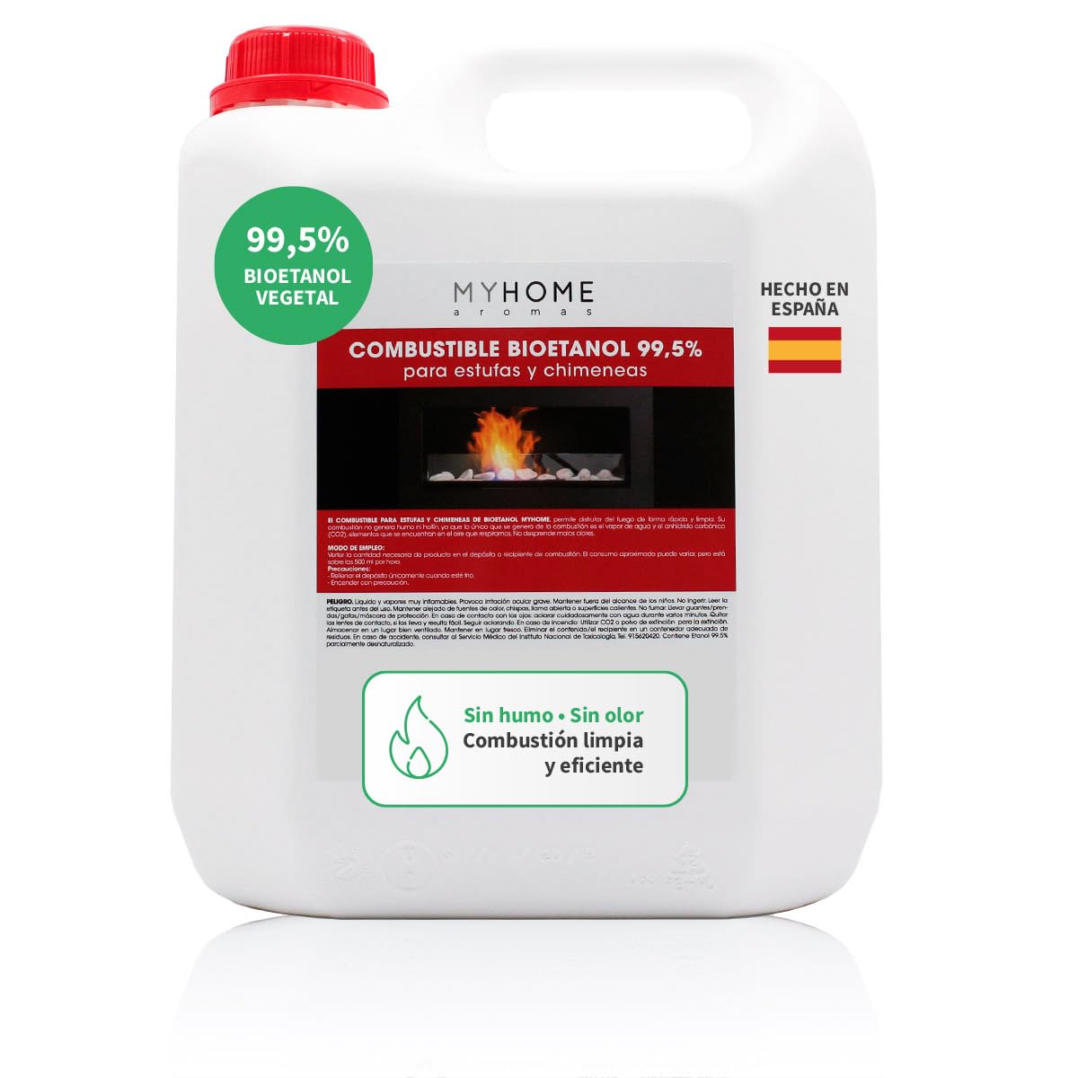 Bioetanol 99,5% Origen Vegetal 5 litros Myhome. Sin Olor ni Humo, para Estufas y chimeneas.