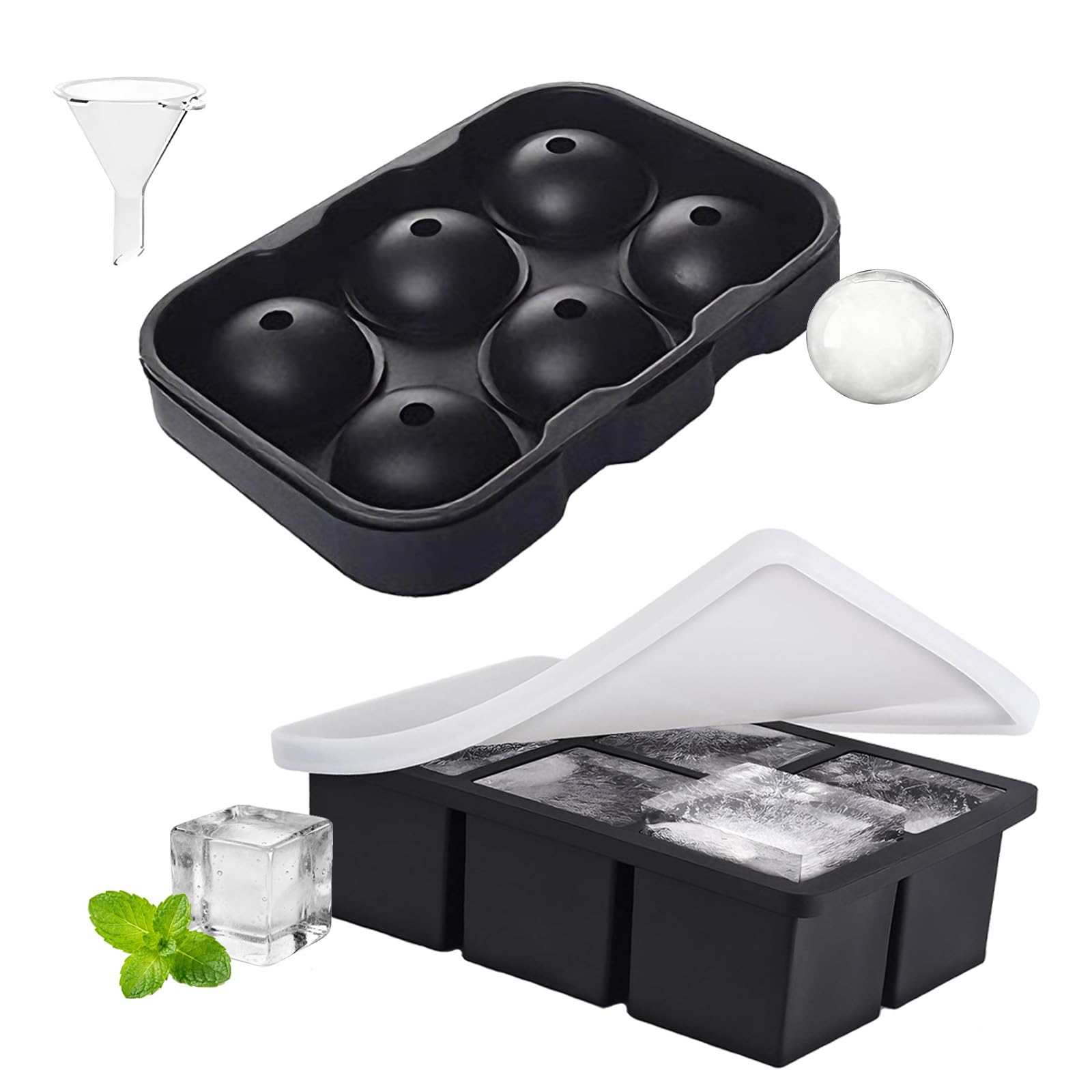Large Silicone Ice Cube Tray, 2 Pcs Black Square Reusable Ice Tray with Small Funnel and Lid for Freeze, Sphere Ice Ball Moulds for Whiskey Cocktails Cold Drinks