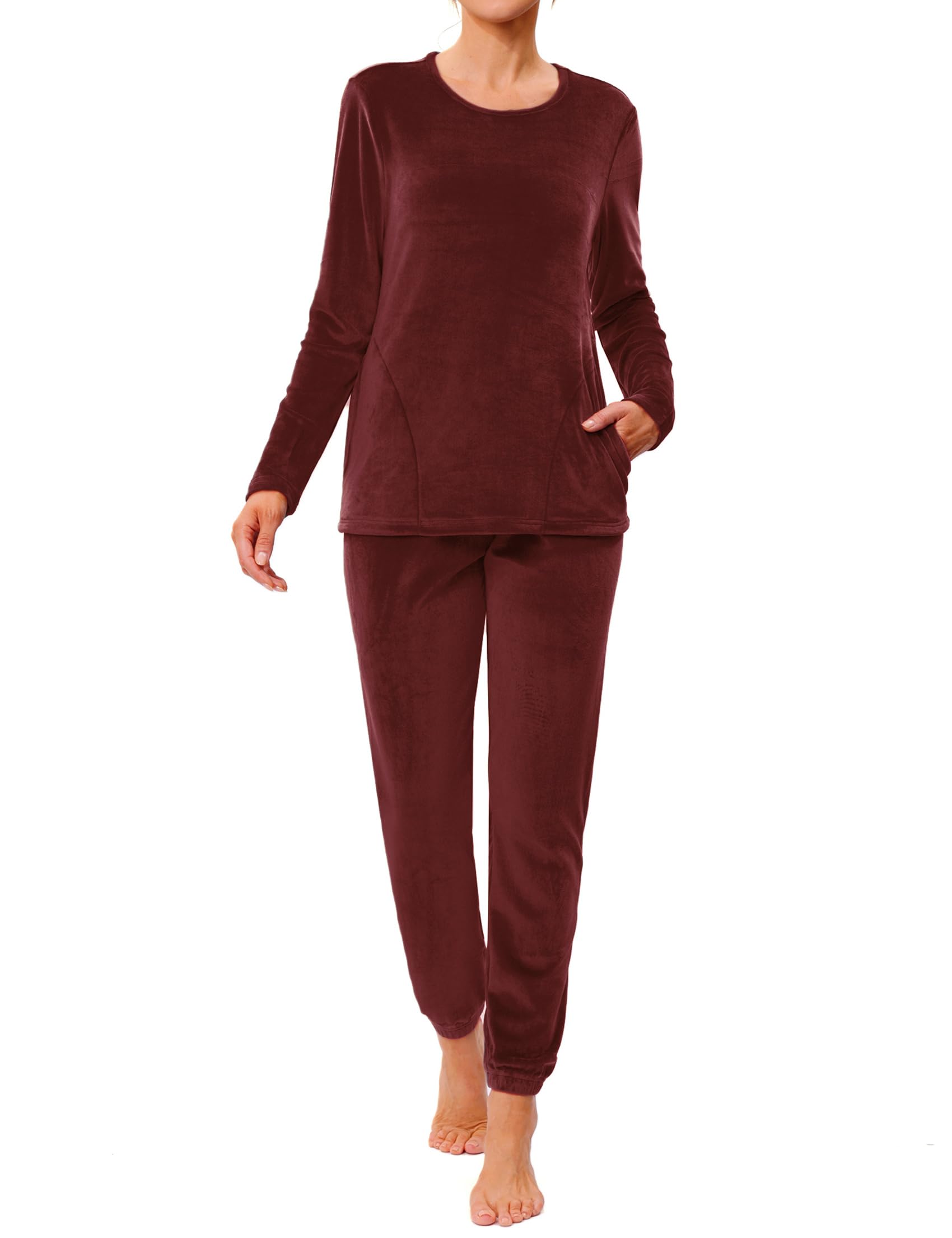 Wayleb Pigiama Donna Invernale Due Pezzi,Velluto Loungewear Tuta Casa Calda Autunno Inverno Manica Lunga Girocollo Maglia Top con Tasche e Pantaloni S-3XL