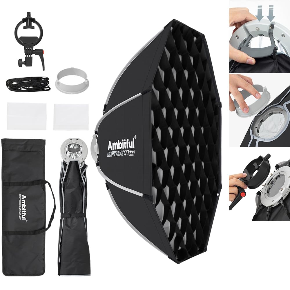 AMBITFUL Ośmiokątny softbox 25,6" / 65 cm z mocowaniem Bowens i uchwytem Speedlite do świateł COB, lampa błyskowa do CB60/CB100, SL60/SL100, MS300/SK400, V1/V1PRO/V100, AD200PRO/II (65.0 cm)