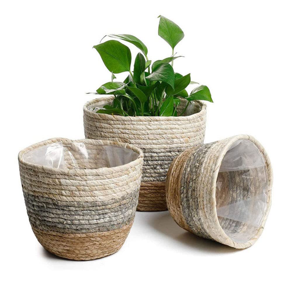 Paniers Tressés en Paille 2 Pièces, Cache-pot Décoratif pour Fleurs