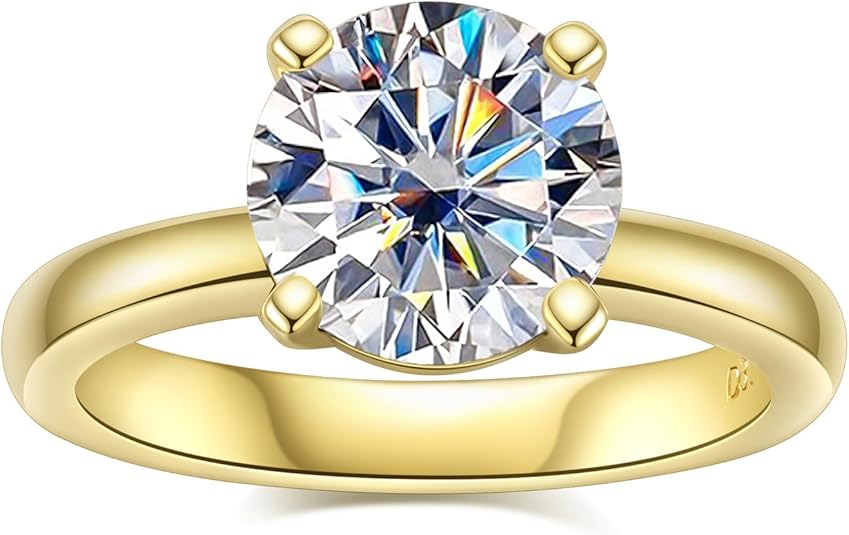 Idocare 3ct Moissanite Round Engagement D Color VVS1 Round Cut 14K Yellow Gold Plated 925 Sterling Silver Wedding Promise Rings for Wome