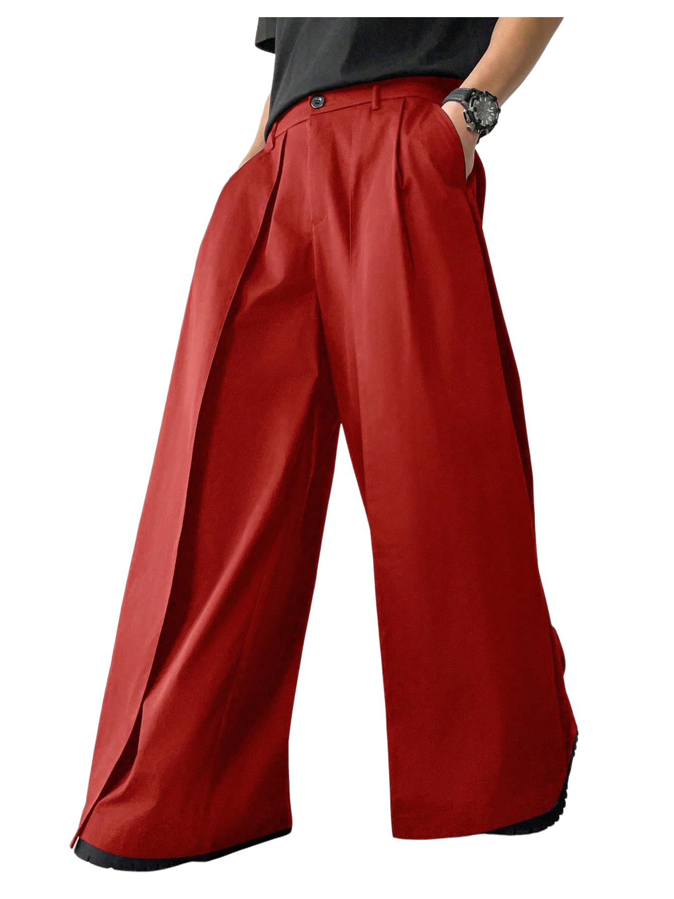 OYOANGLE Men's Baggy Wide Leg Pants Zipper Fly Pleated Trousers Business Casual Dress Pants with Pocket