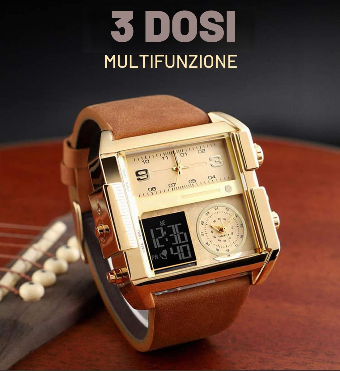 Gosasa Orologio sportivo da uomo, quadrato, digitale, con quadrante grande, LED, analogico, al quarzo, con fusi orari, cronometro impermeabile fino a 50 m