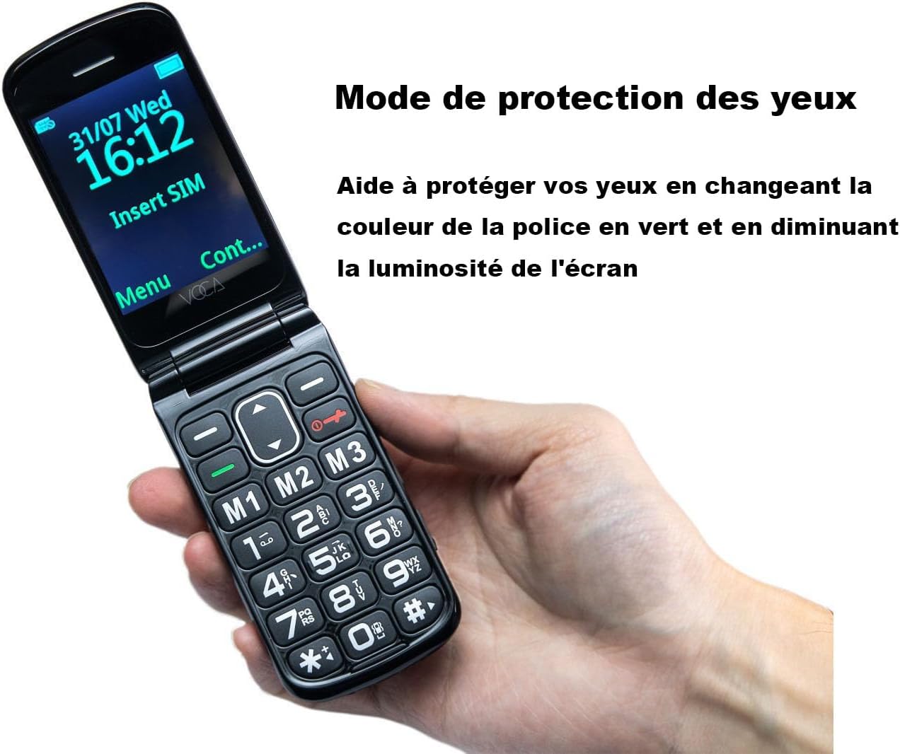 VOCA V340 Flip Phone displaying 'Eye Protection Mode' with green text