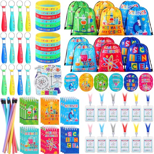 Zhanmai 140 Pcs Science Party Favors Include 12 Keychain 18 Mini Notebooks 50 Science Stickers 12 Bracelets 12 Science Name Badge 12 Drawstring Bags 12 Bendable Pencils 12 Button Pins for Kids Party