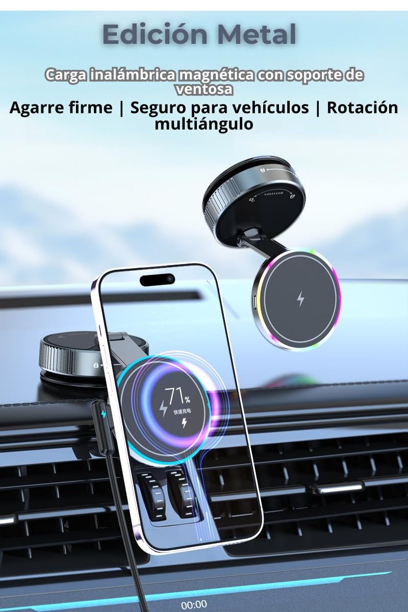 MagAxis Lumen Soporte Movil Coche Magnetico Compatible con MagSafe【Super Imanes N52】Luces LED【360° Rotación, Carga Inalámbrica y Fijación Ventosa】para iPhone 17 16 15 14 13 12 Pro Max Accesorios Coche