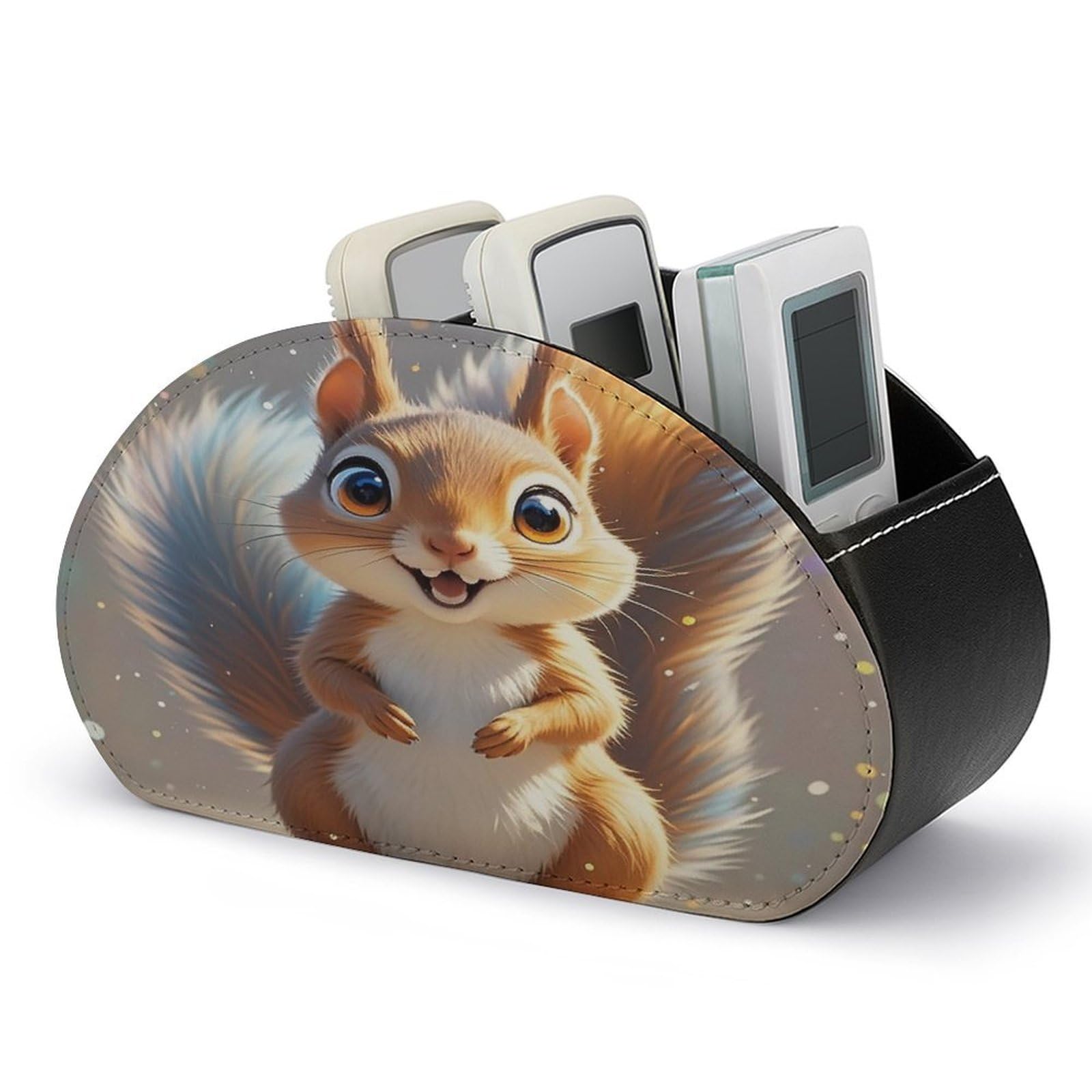 FekiLoot Squirrel TV Remote Control Holder with 5 Compartments Multi-functional Leather Bedside Table Remote Caddy Desktop Storage Box for Store Pen Controller Media Player Cosmetic