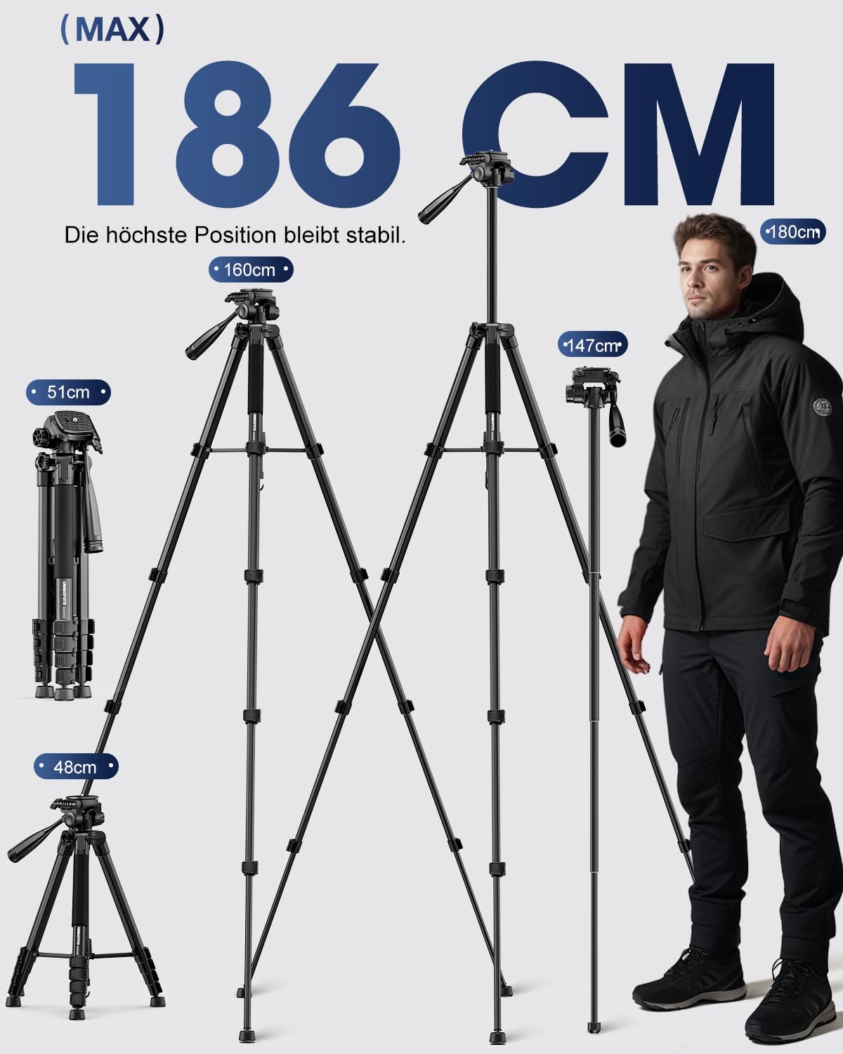 CAMBOFOTO 186cm Aluminium Stativ für DSLR, Spiegellose Kameras, Handys, Camcorder, mit Handyhalterung & Reisetasche (Schwarz)