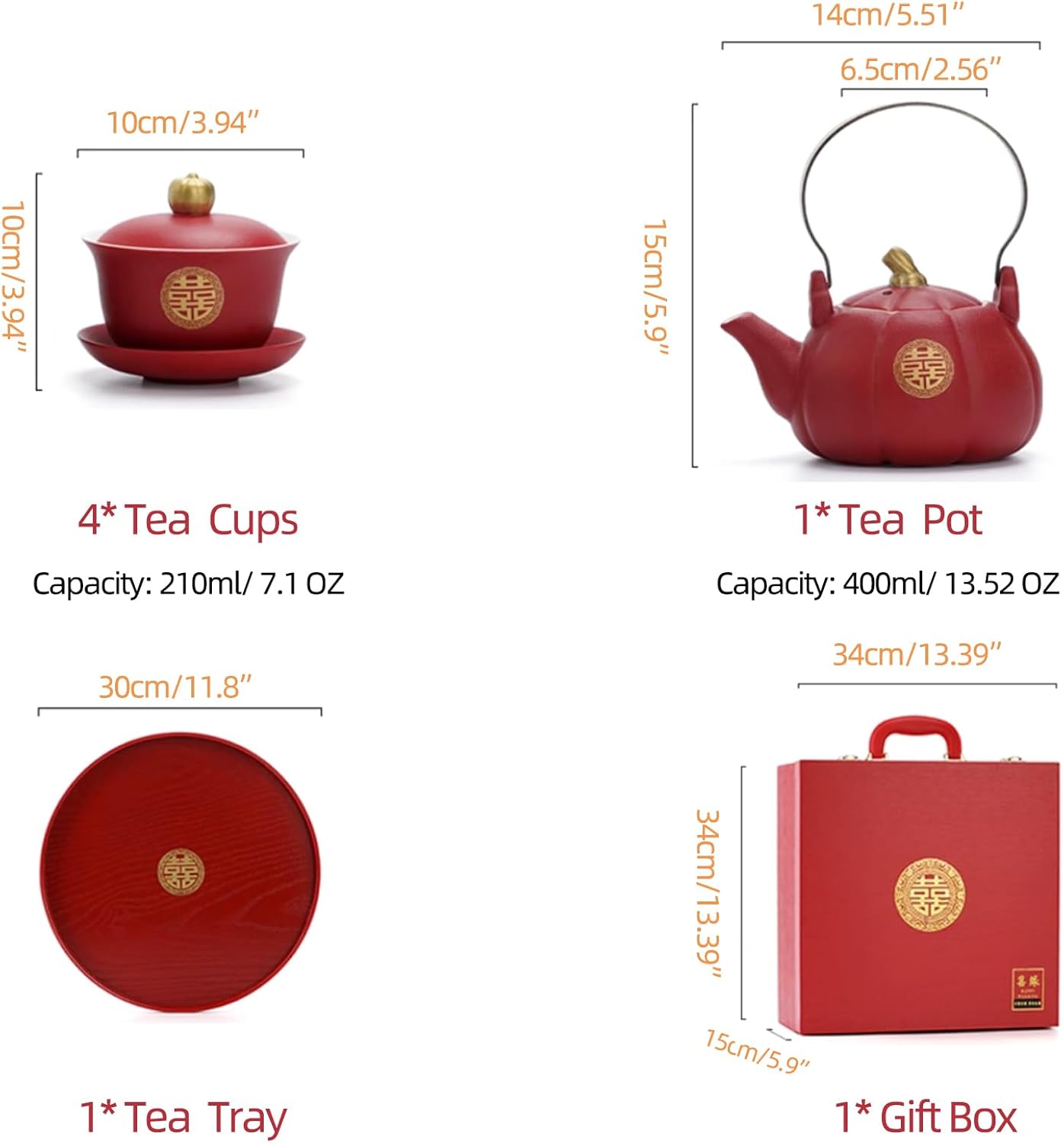 Chinese Porcelain Tea Set,Handmade Ceramic Tea Set Chinese Traditional Handmade Porcelain Red Wedding Tea Sets 4 Tea Cups 1 Tea Pot 1 Round Tray with Gift Box