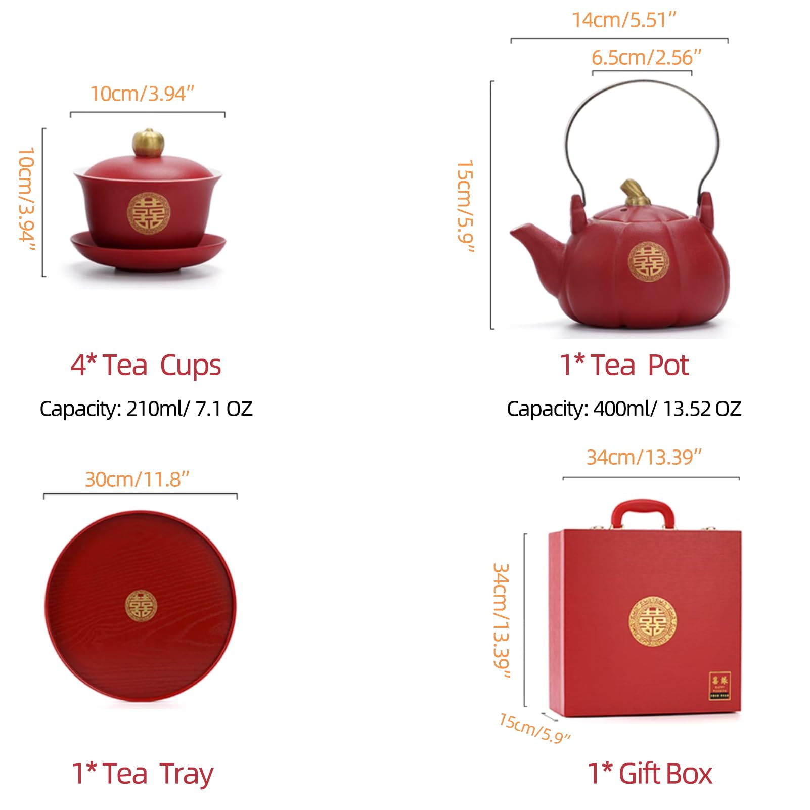 Prezent ślubny zestaw do herbaty, ręcznie wykonany porcelanowy zestaw do herbaty z 4 filiżankami, 1 pojemnikiem, 1 tacą, pudełko prezentowe dla nowożeńców i dorosłych - tradycyjny chiński styl