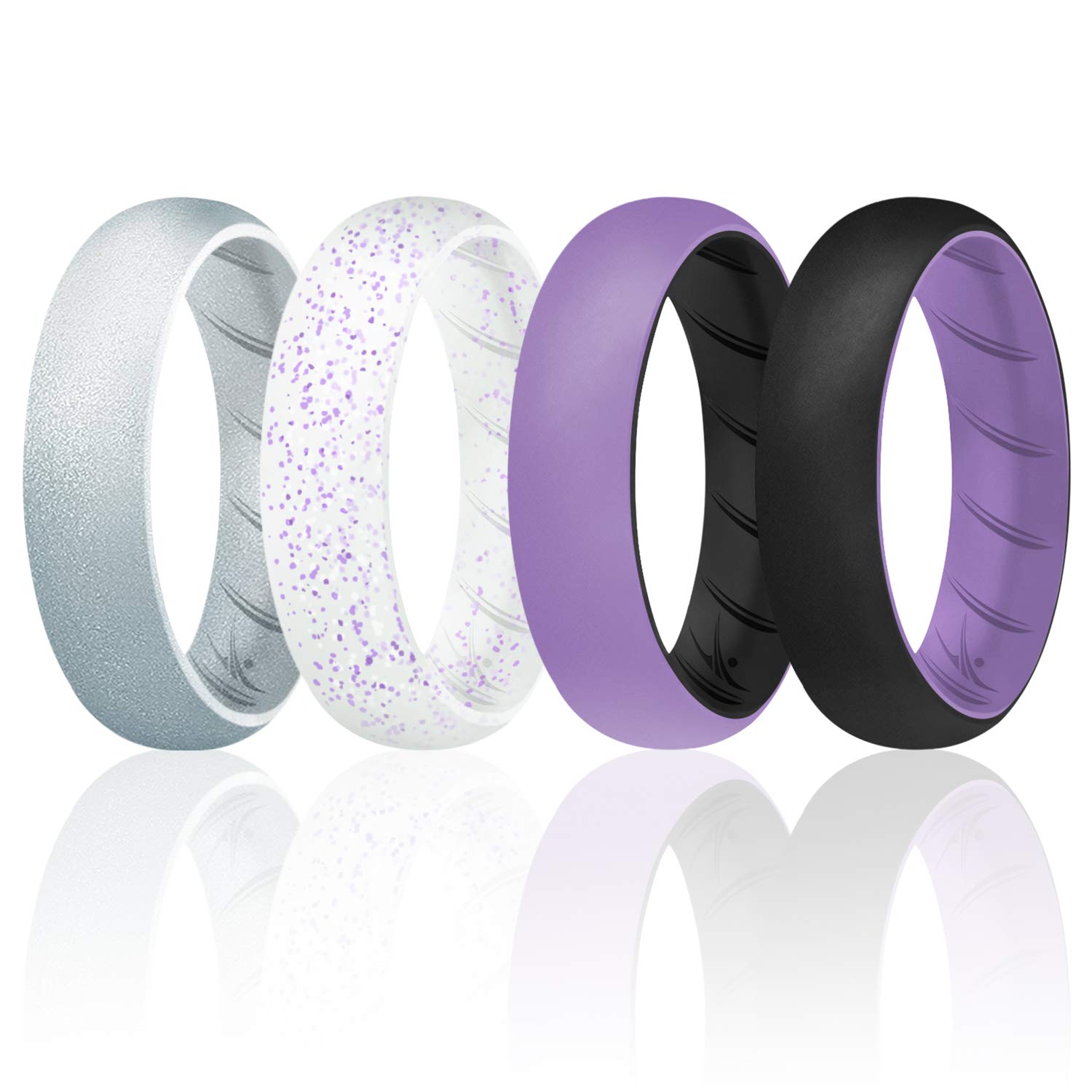 ROQ Silicone Rubber Wedding Ring for Women, Rubber Silicone Wedding Band, Bridal Jewelry Set, Anniversary Rings, Promise Ring, 5.5mm Wide 2mm Thick, 4 Pack, Silver, White, Black, Lavender, Size 11