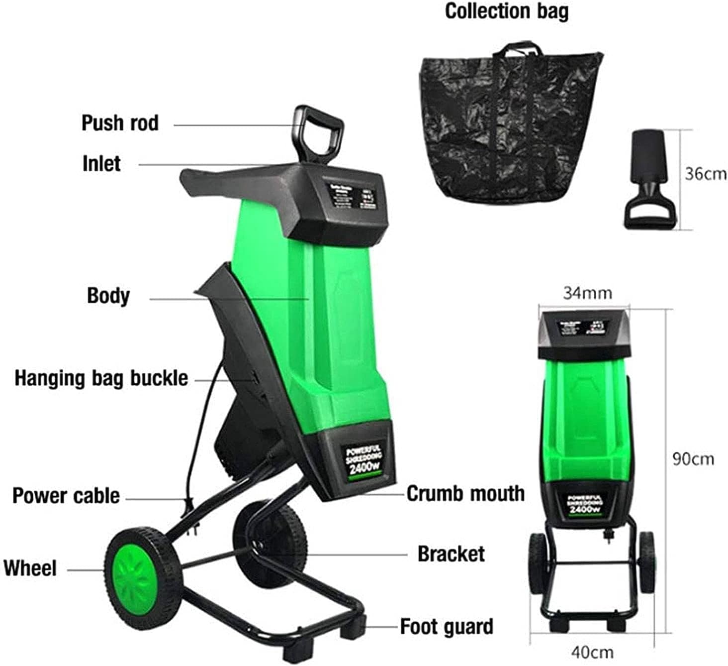 Garden Leaf Branch Shredder Chipper, 2400W Branches Leaves Wood Crusher Garden Tool with 50L Collection Bag, 4500 RPM Max Diameter 35mm, for Wood and Tough (10M)