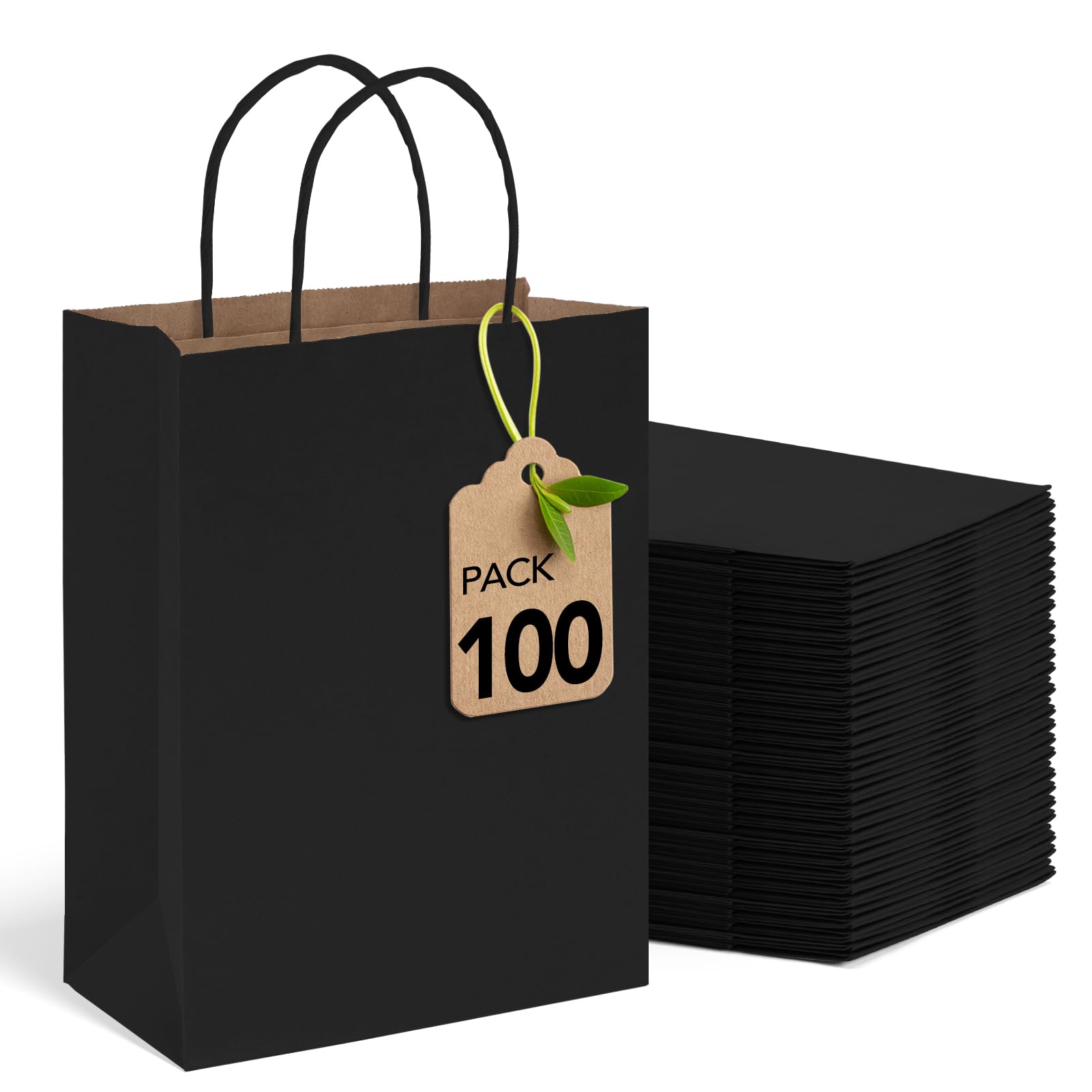 MESHA 100 Pack Black Gift Bags 8x4.25x10.5 Inch Kraft Paper Bags with Handles Bulk Craft Bag Medium Size for Wending Birthday Party Favor Retail
