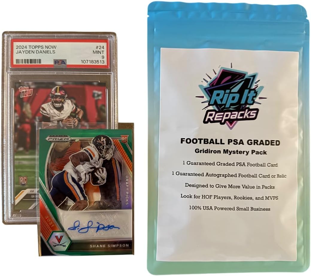 RIP IT REPACKS Football Card Mystery Pack with Guaranteed PSA Graded Card and Autograph or Relic Card