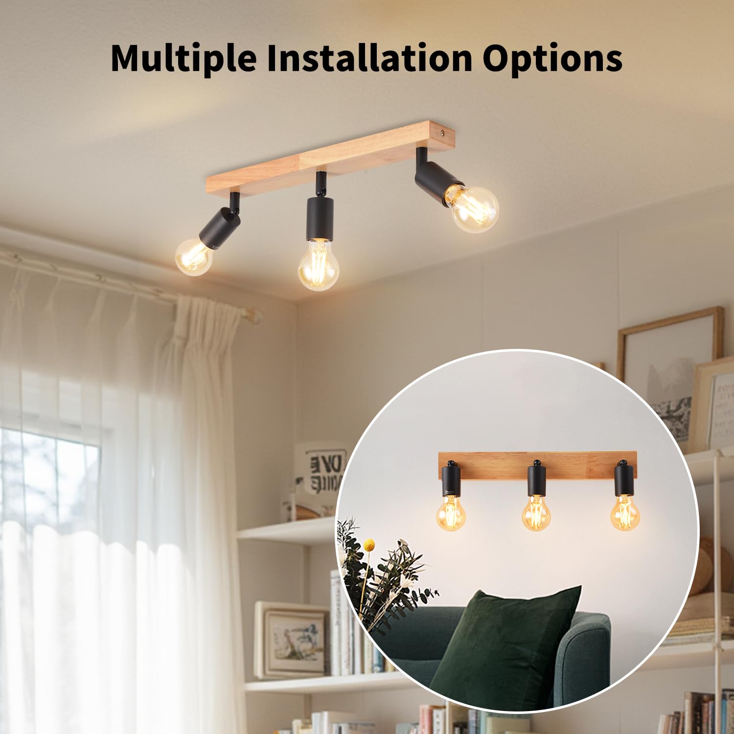 LVWIT Plafonnier 3 Spots LED E27, Luminaires Intérieur Noir, Plafonnier Bois avec Base Rectangulaire, Applique Murale Chambre, Lustre salle à Manger(Sans Ampoules)