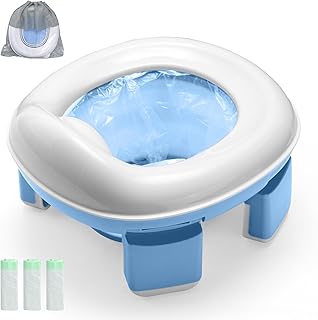 Warmiehomy Portable Travel Potty for Toddlers Kids Baby Foldable Potty Training Toilet Seat for 1-4 Years Boys Girls Indoor Outdoor Carry Potty Travel Toilet with 60pcs Cleaning Bags, Blue