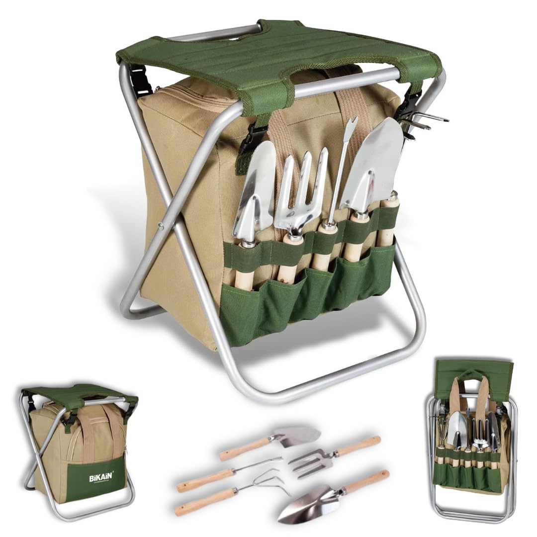 BIKAIN - Herramientas de Jardinería - Taburete Plegable + Bolsa + Herramientas - Kit de Jardinería - Bolsa de Almacemiento con Cremallera - Incluye 5 Herramientas con Mango de Madera